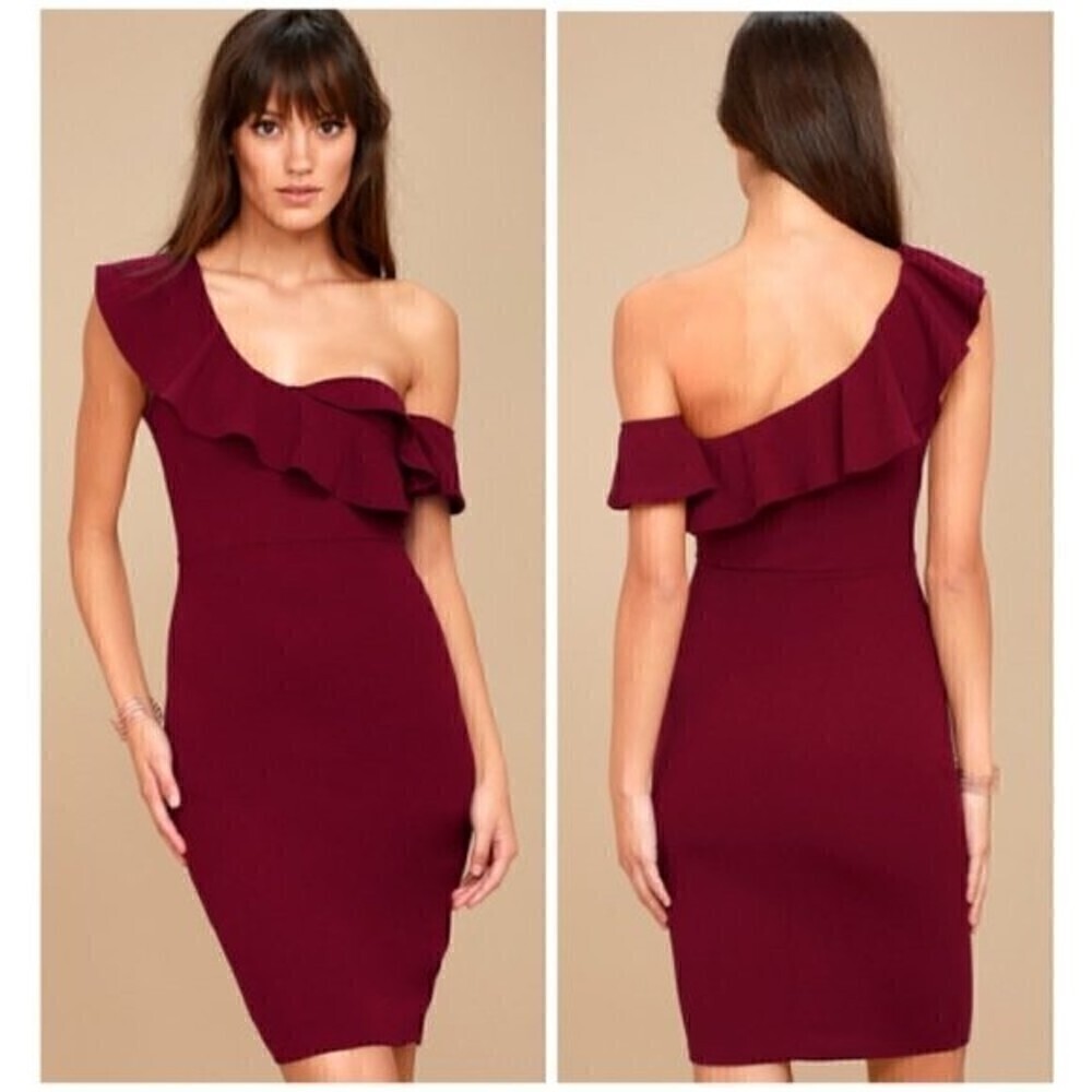Lulus Give Me a Beat Burgundy Asymmetrical One Shoulder Bodycon Dress Size S